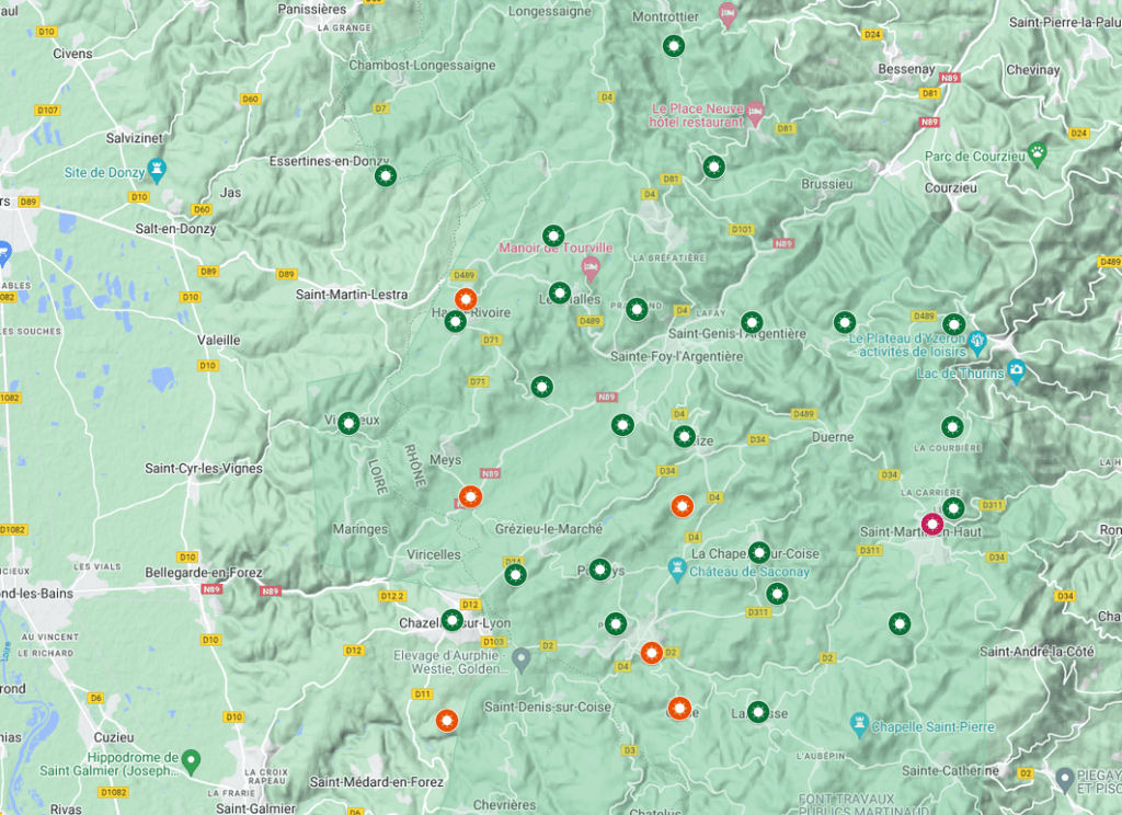Carte des sites de production photovoltaïque de Monts Energies.